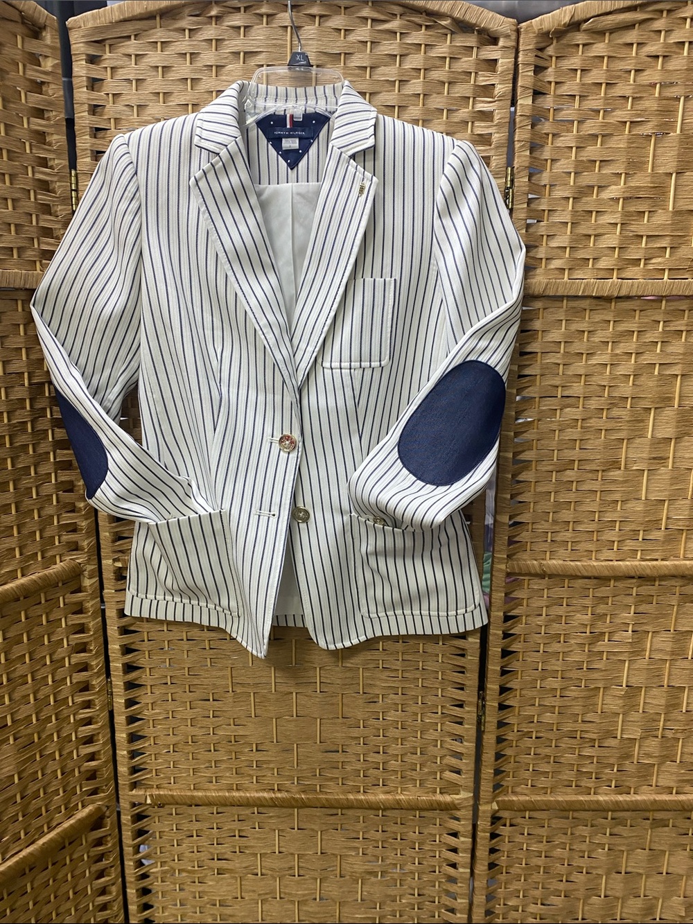 Tommy Hilfiger White Blazer with Navy Pinstripes & Navy Elbow Patches